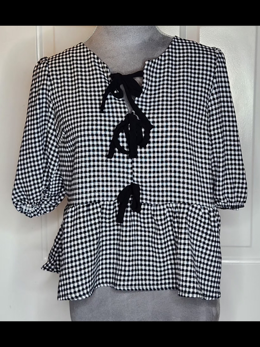 Black and White Gingham Tie-Front Peplum Top Size L